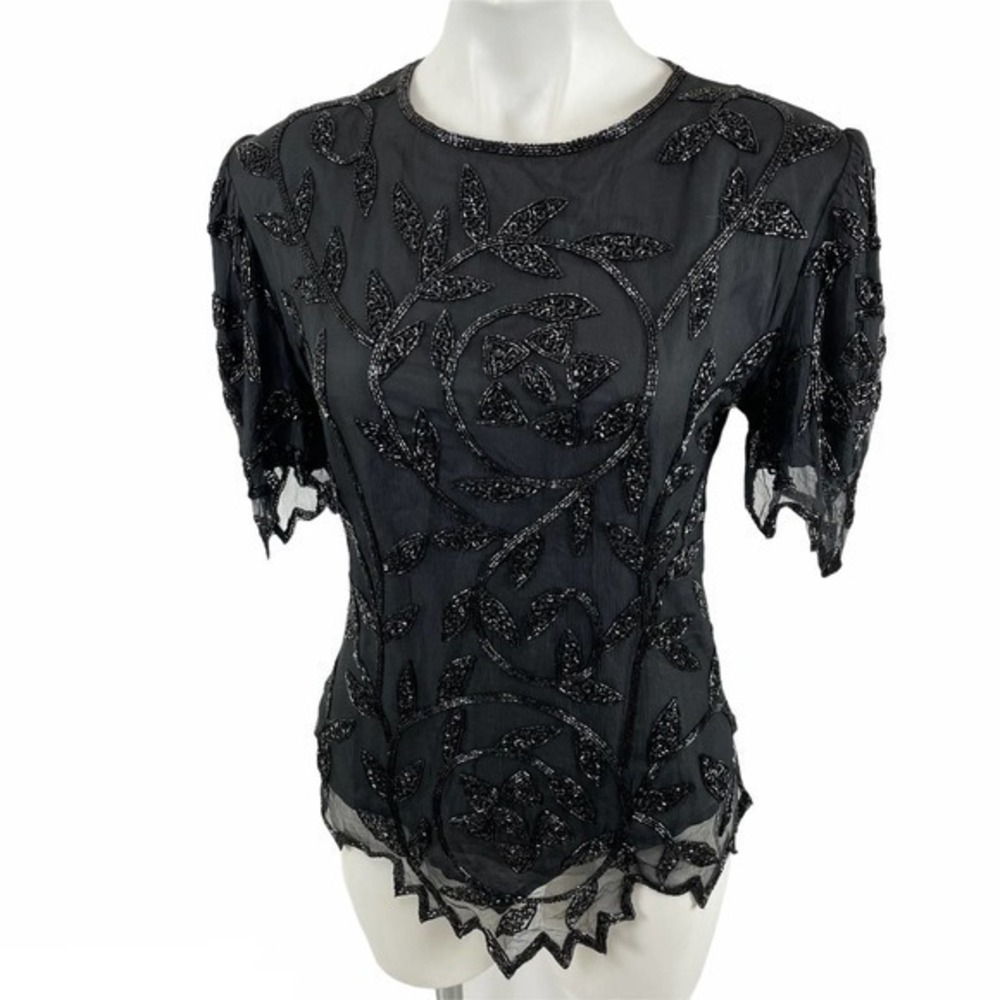 Vintage Silk Blouse Women’s XXS | Black Sequined